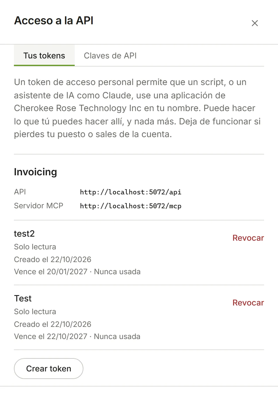 Acceso a la API, Tus tokens: cada aplicación con tus tokens para ella