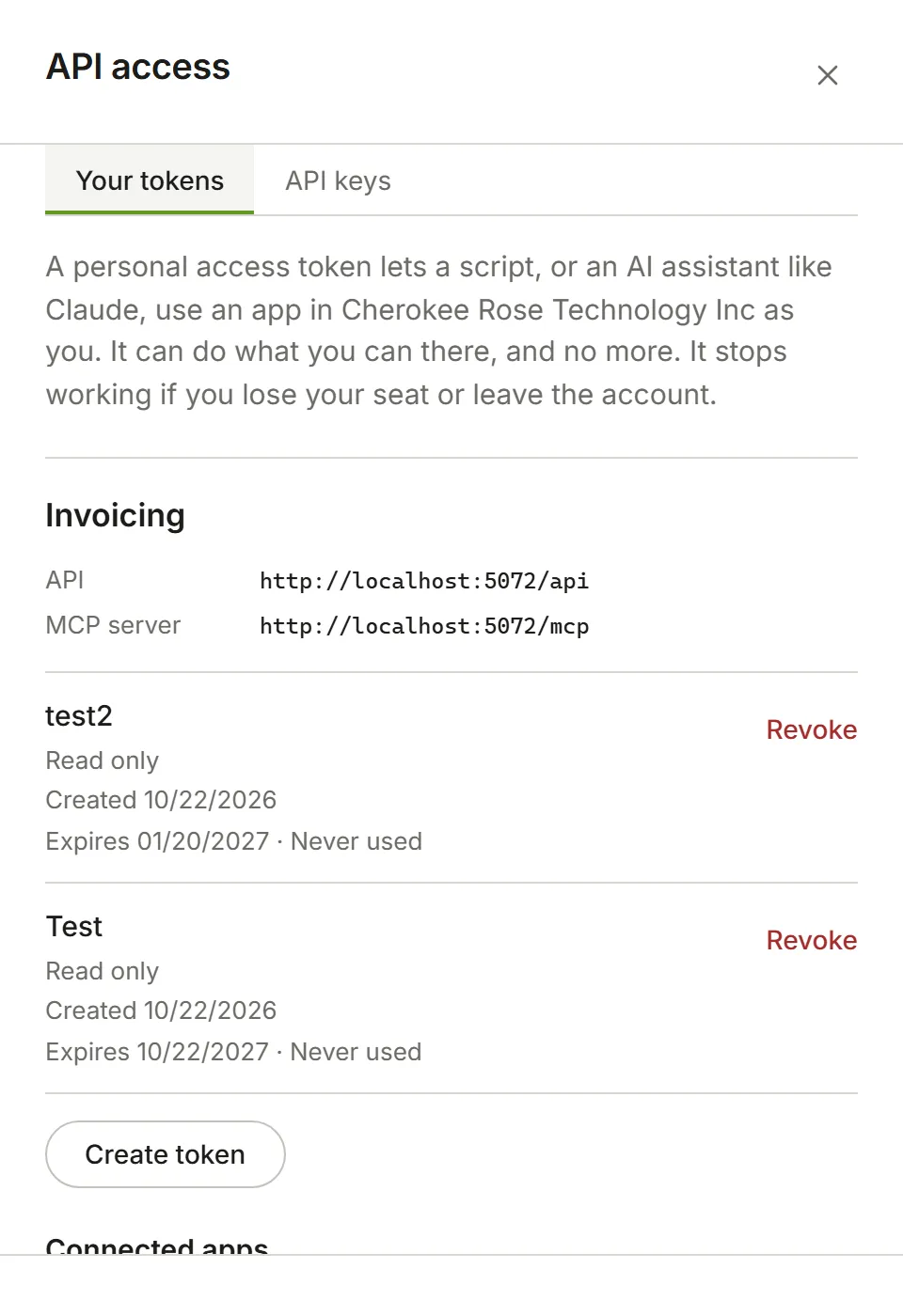 API access, Your tokens: each app with your tokens for it