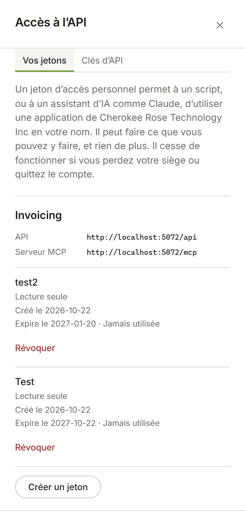 Accès à l’API, Vos jetons : chaque application avec vos jetons pour celle-ci