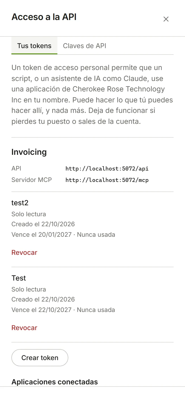 Acceso a la API, Tus tokens: cada aplicación con tus tokens para ella