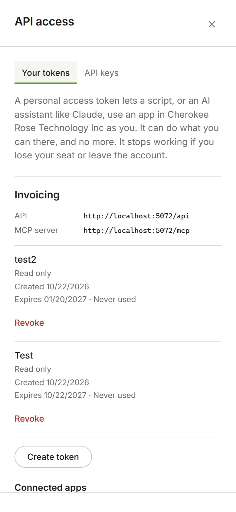 API access, Your tokens: each app with your tokens for it